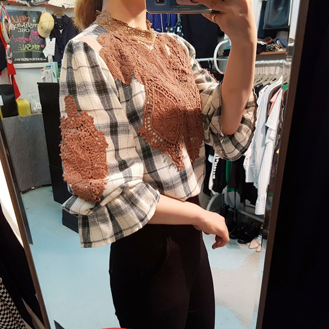 Women Blouses Check lace Shisurufuriru blouse Ruby
