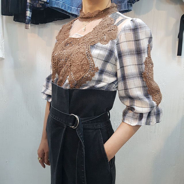 Women Blouses Check lace Shisurufuriru blouse Ruby