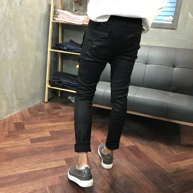 Korea Jeans Pants Men's Zipper Cargo Black Coat