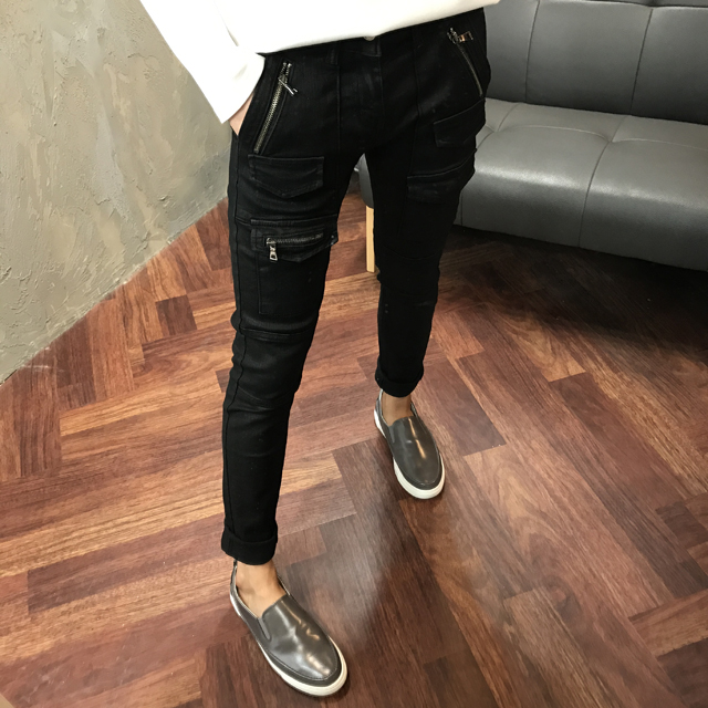 Korea Jeans Pants Men's Zipper Cargo Black Coat