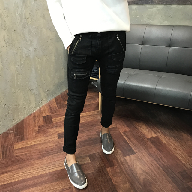 Korea Jeans Pants Men's Zipper Cargo Black Coat