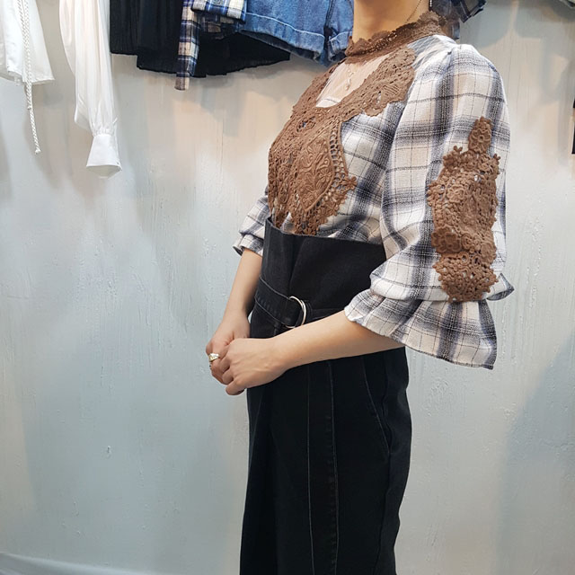 Women Blouses Check lace Shisurufuriru blouse Ruby