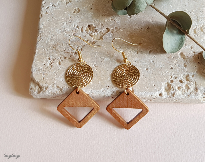 Bohemian Drop Wood Earrings _ Echinacea Tree Hippi