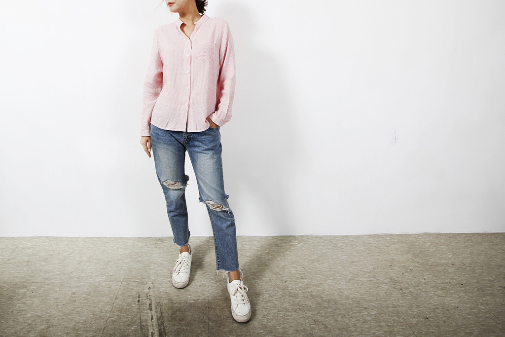 Casual Henry Neck Chinas Shirt Striped Women's 