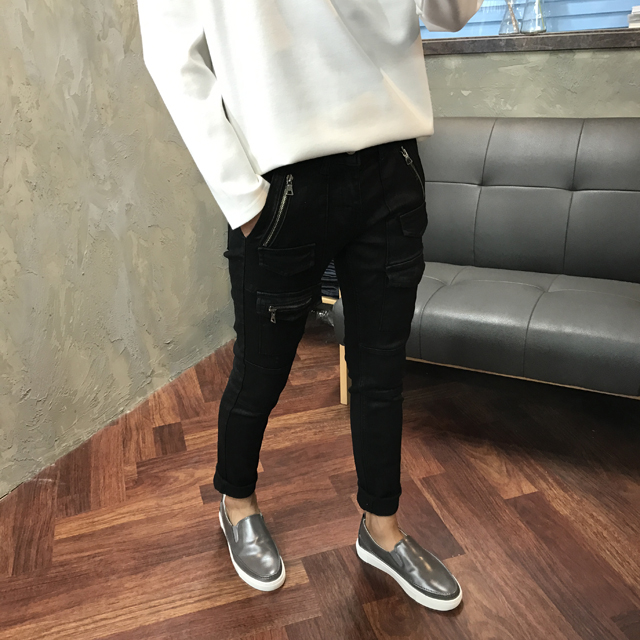 Korea Jeans Pants Men's Zipper Cargo Black Coat