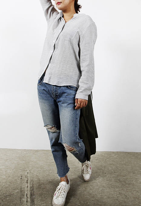 Casual Henry Neck Chinas Shirt Striped Women's 