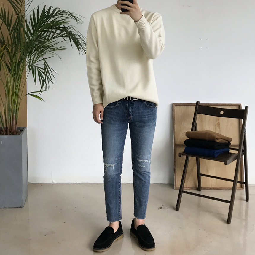Korea Jeans Pants Damage Damper Slim Cutting Jeans