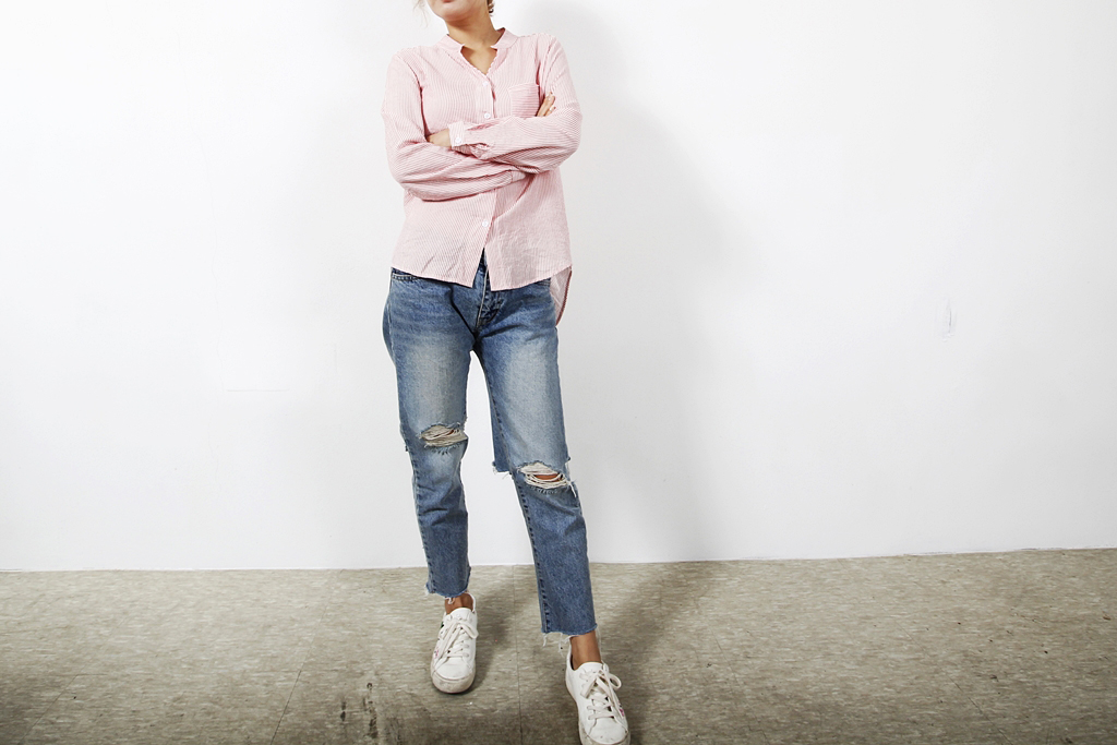 Casual Henry Neck Chinas Shirt Striped Women's 