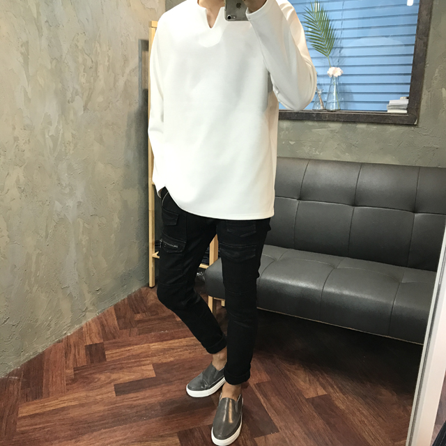 Korea Jeans Pants Men's Zipper Cargo Black Coat