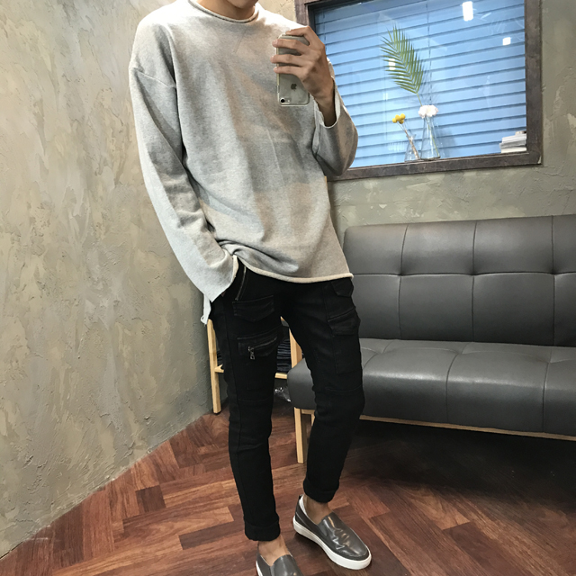 Korea Jeans Pants Men's Zipper Cargo Black Coat