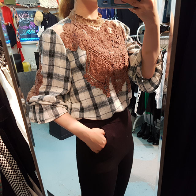 Women Blouses Check lace Shisurufuriru blouse Ruby