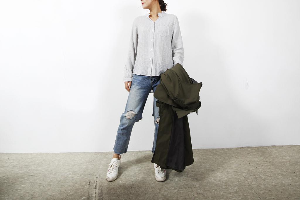 Casual Henry Neck Chinas Shirt Striped Women's 