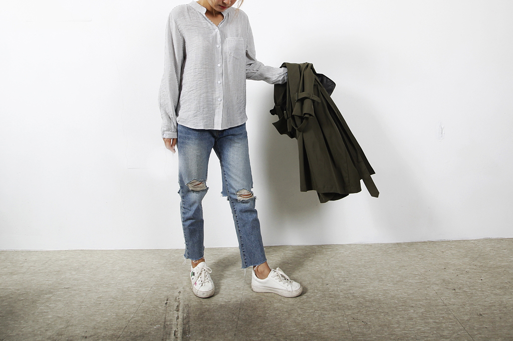 Casual Henry Neck Chinas Shirt Striped Women's 