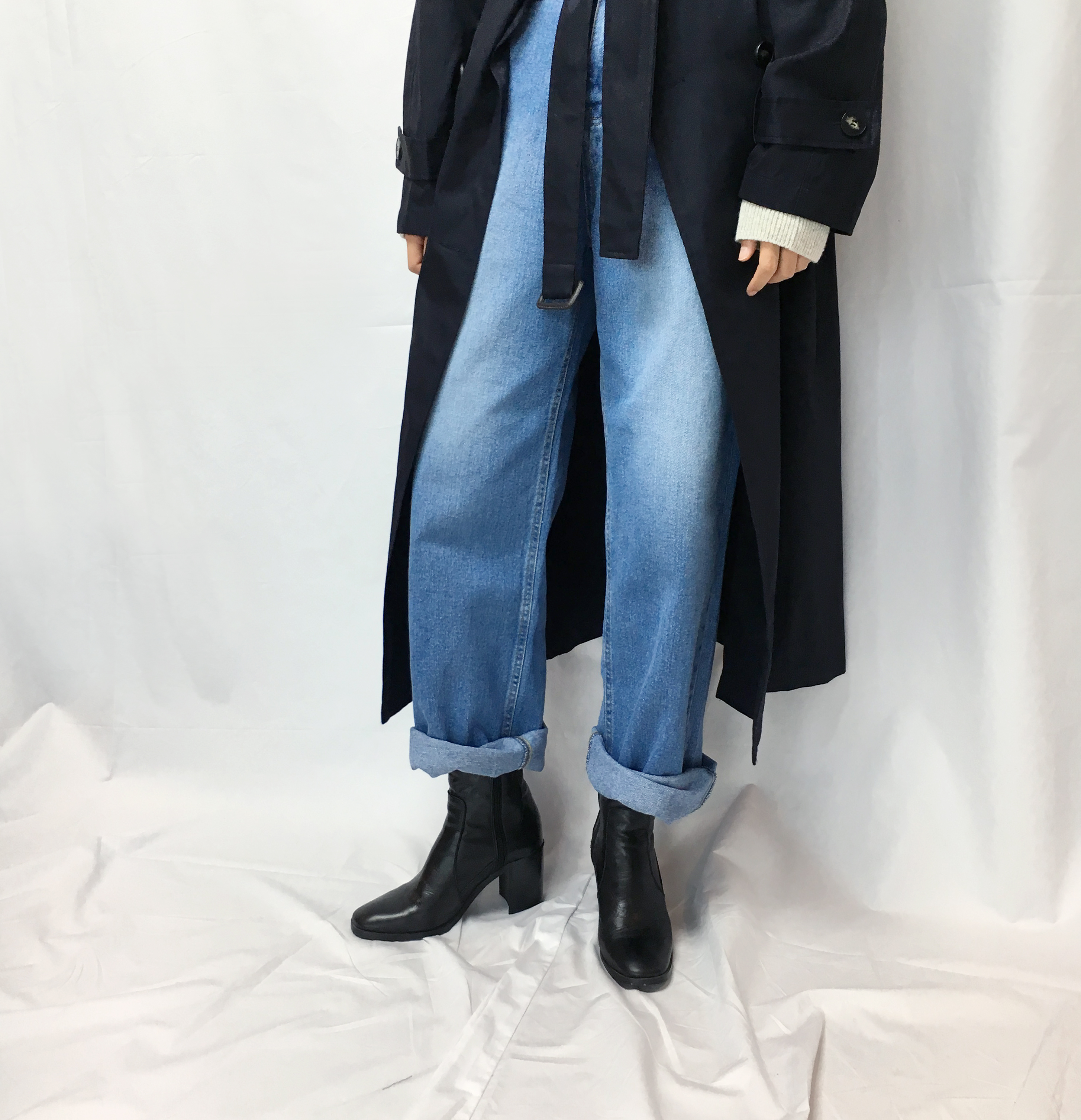 Women Jeans Pants Retro Roll-Up Wide Denim Pants M