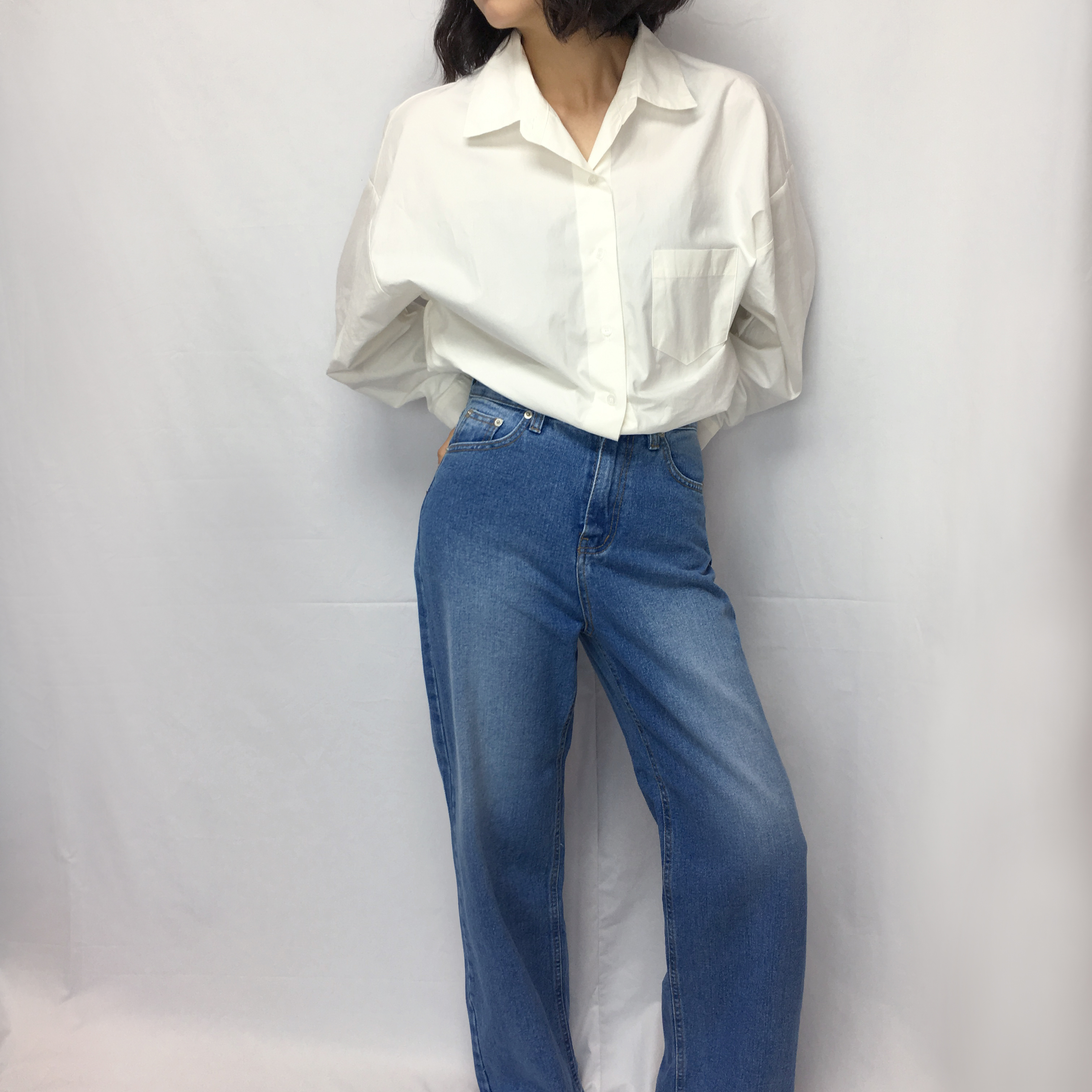 Women Jeans Pants Retro Roll-Up Wide Denim Pants M