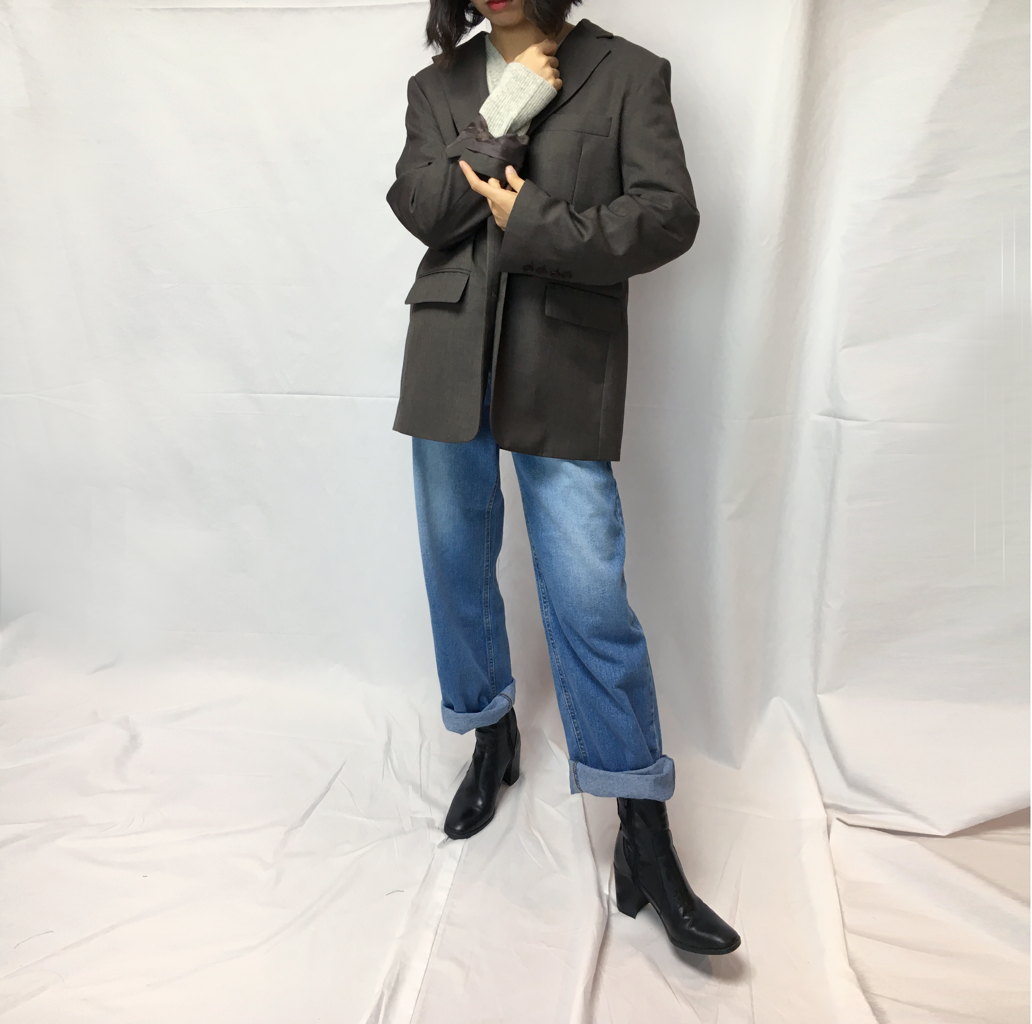 Women Jeans Pants Retro Roll-Up Wide Denim Pants M