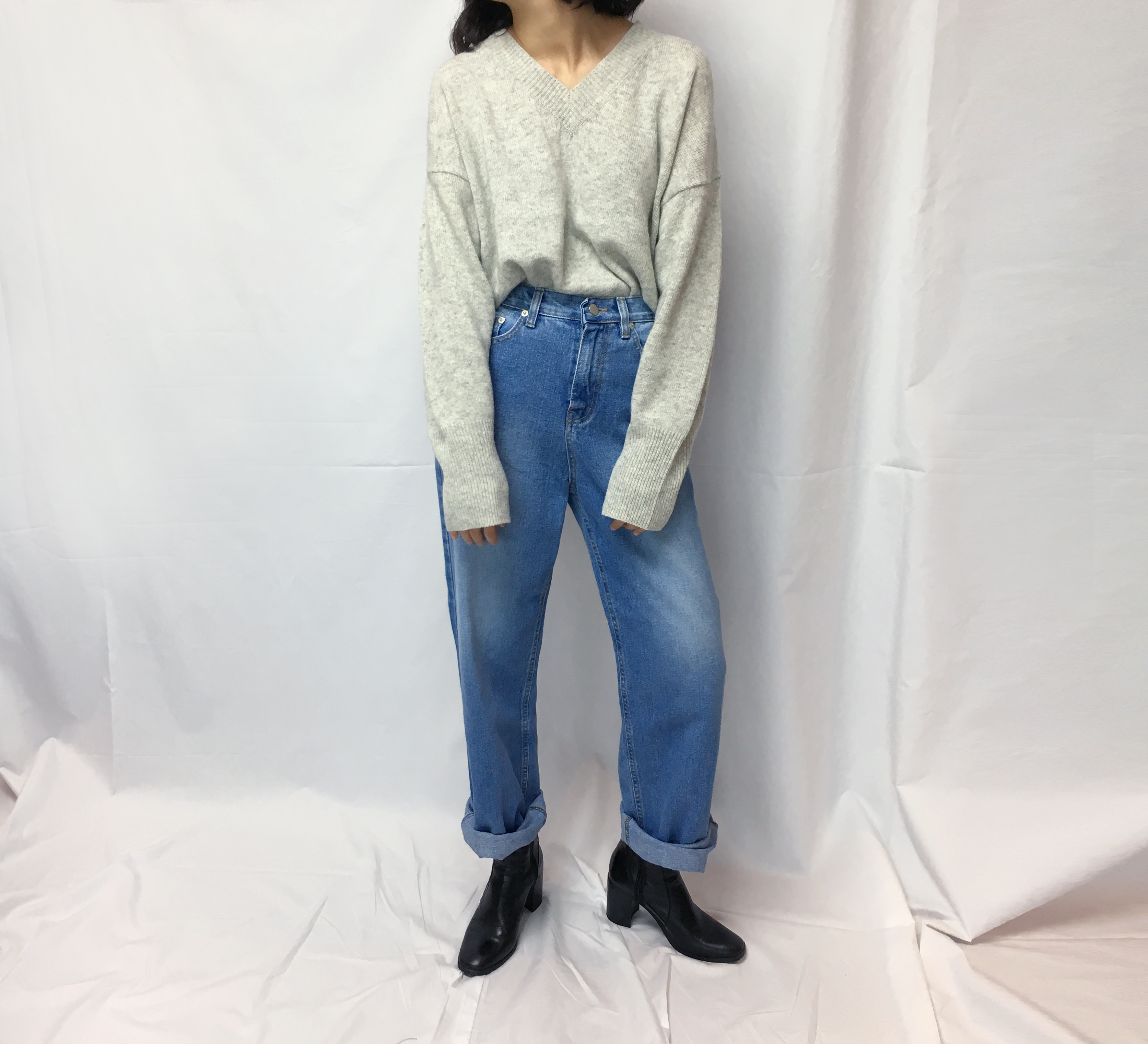 Women Jeans Pants Retro Roll-Up Wide Denim Pants M