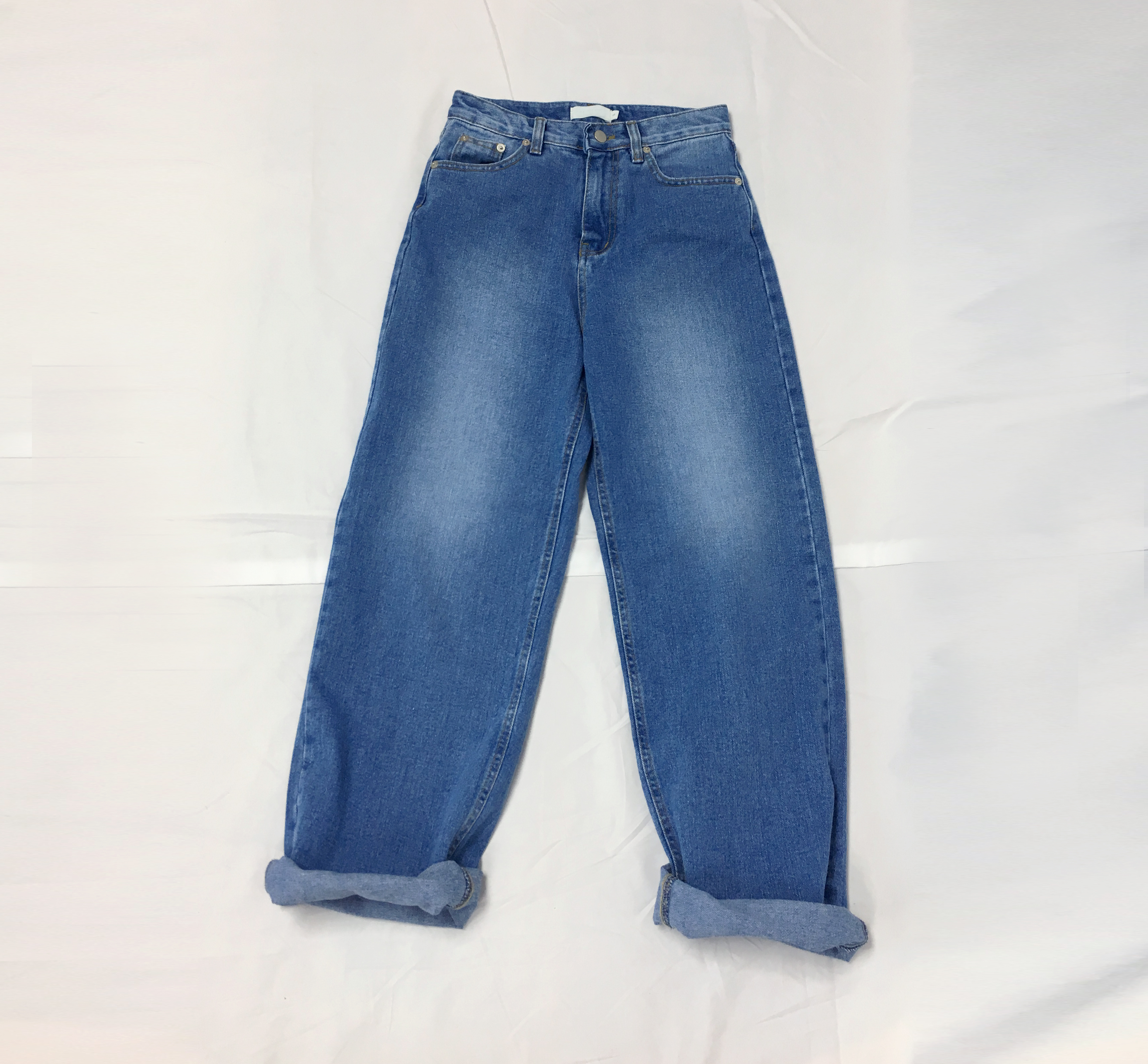 Women Jeans Pants Retro Roll-Up Wide Denim Pants M