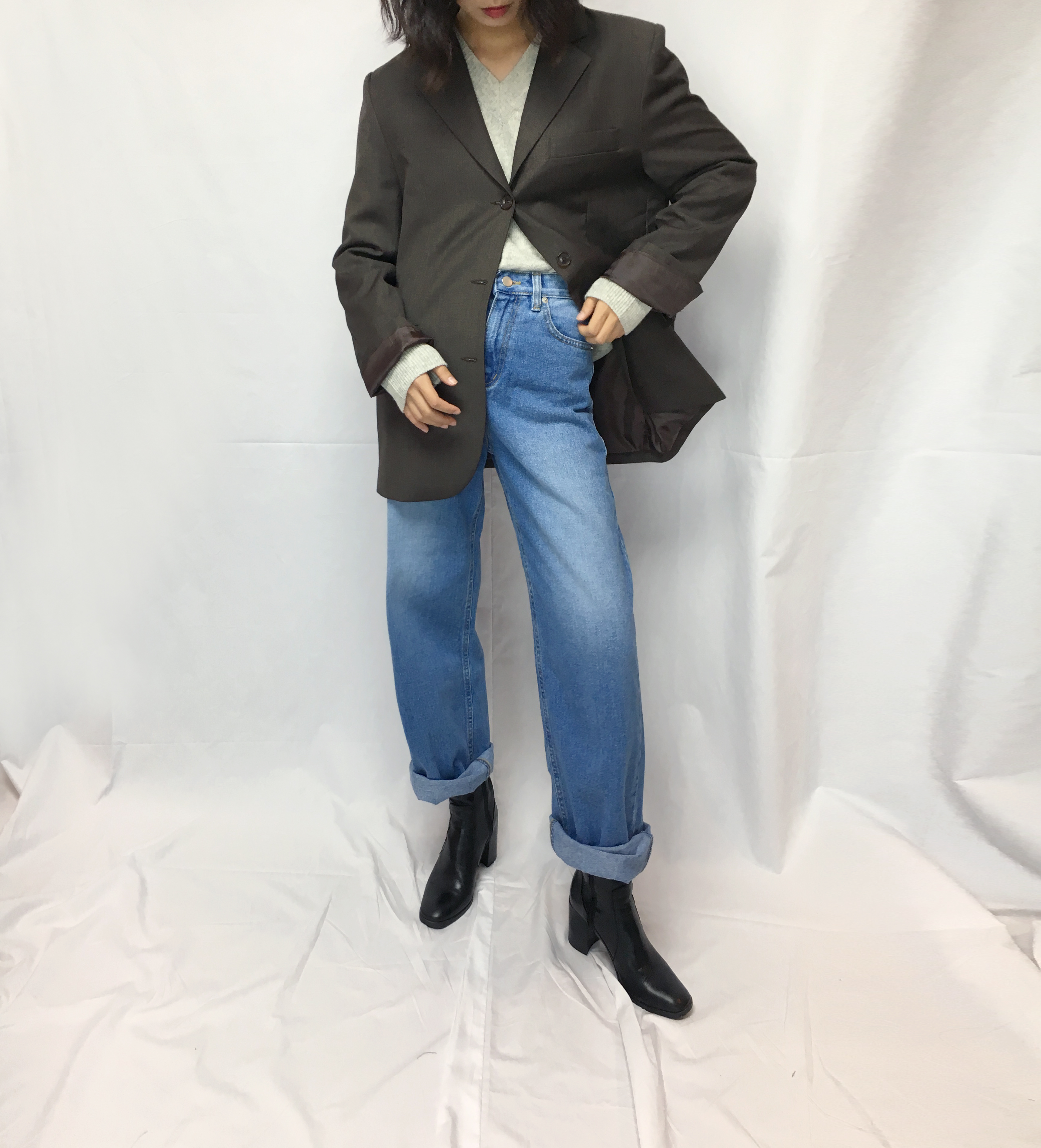 Women Jeans Pants Retro Roll-Up Wide Denim Pants M