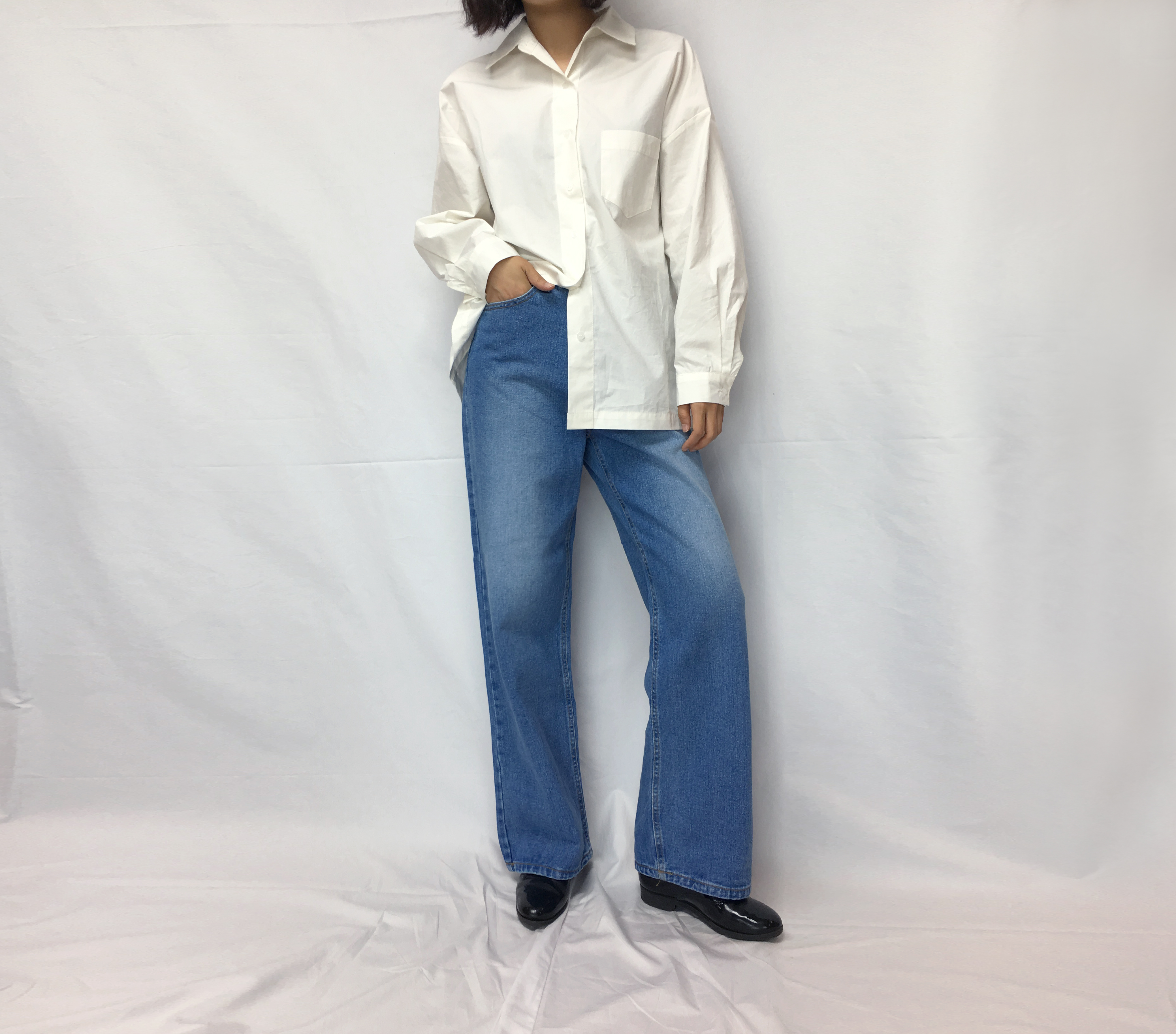 Women Jeans Pants Retro Roll-Up Wide Denim Pants M