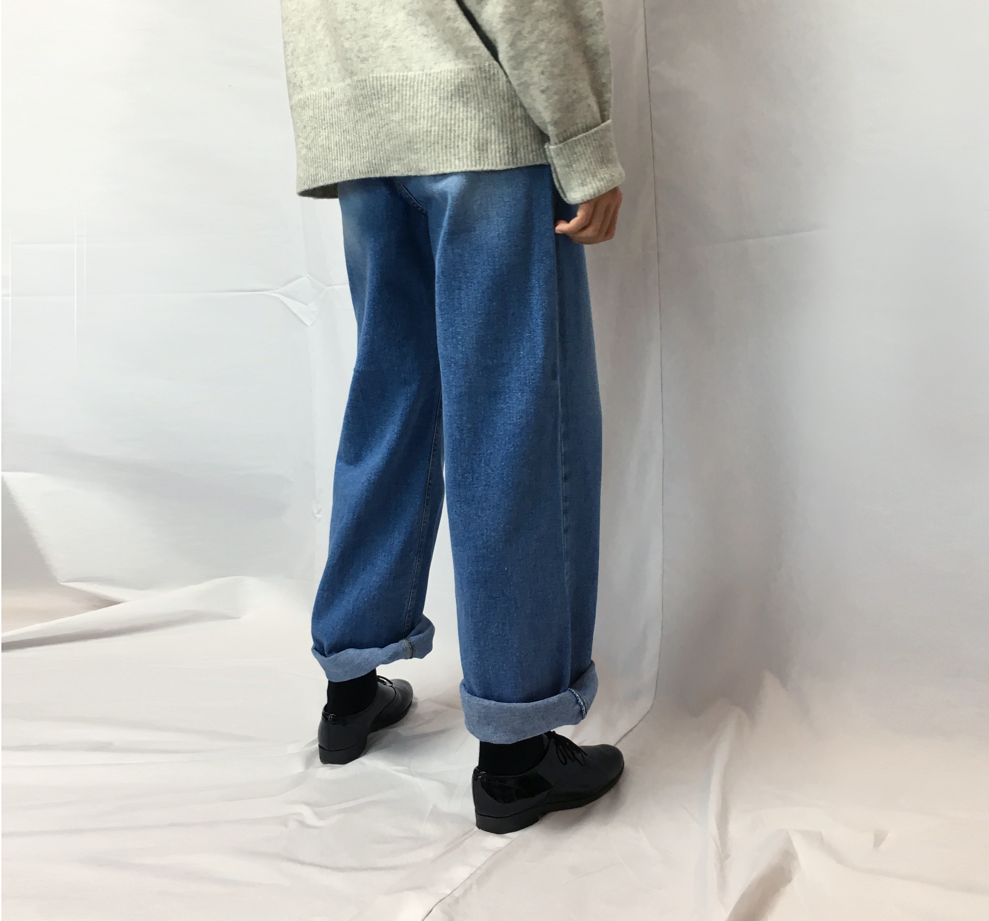 Women Jeans Pants Retro Roll-Up Wide Denim Pants M