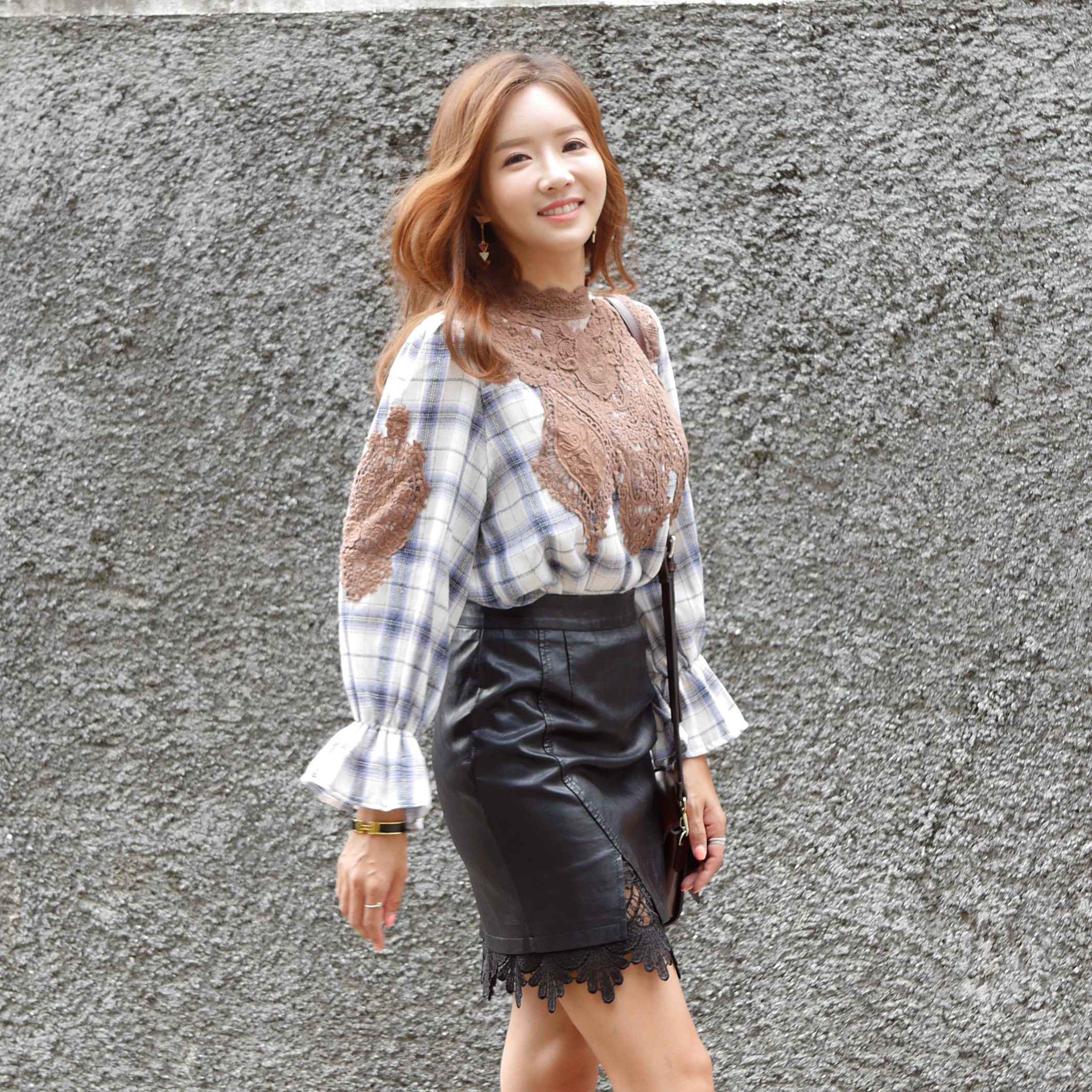 Women Blouses Frilly Retail Lace Check Blouse Gree