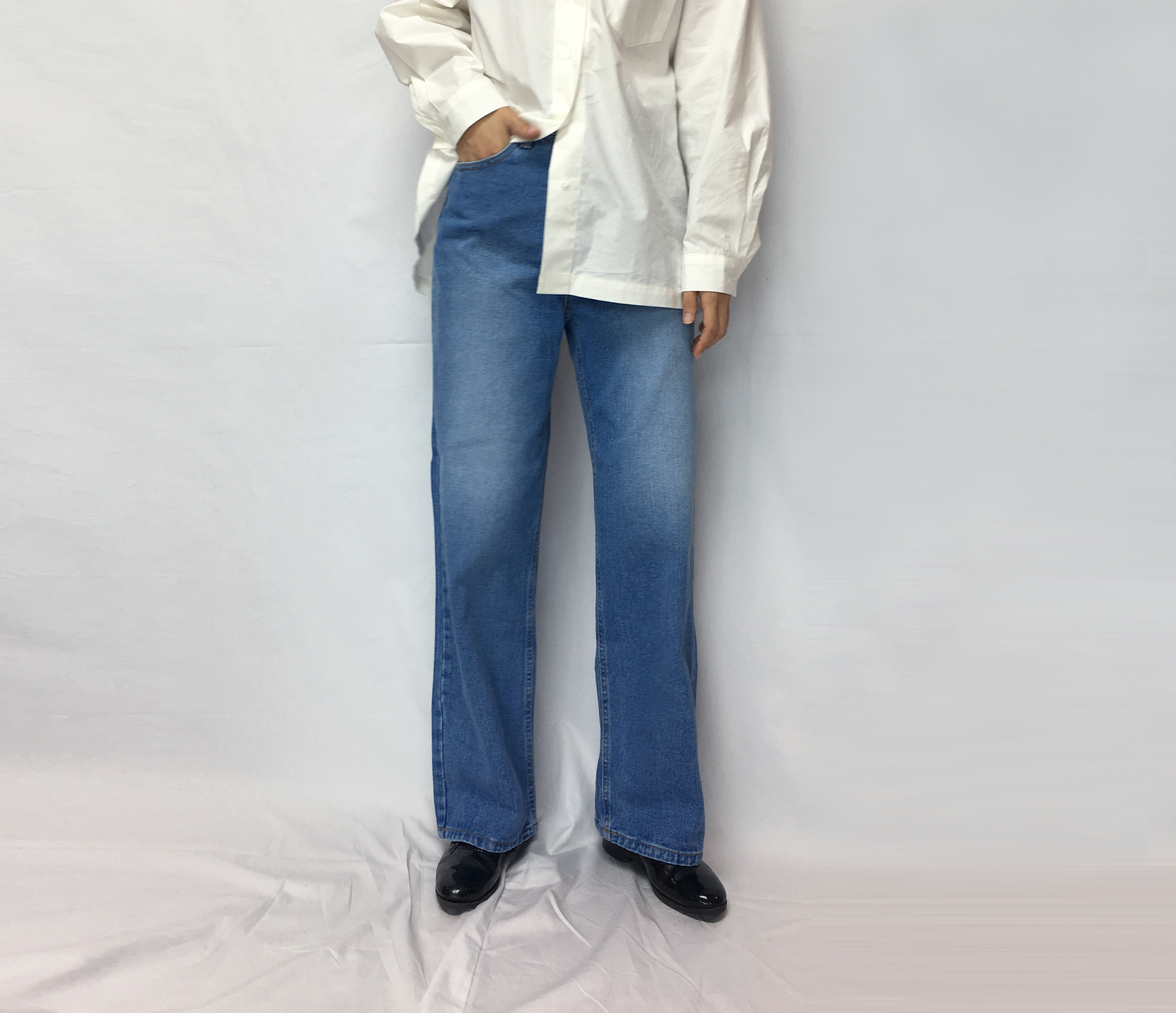 Women Jeans Pants Retro Roll-Up Wide Denim Pants M