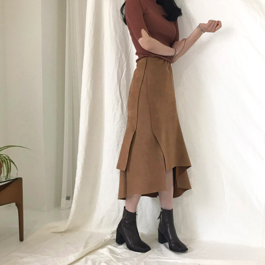 Banding A-line suede skirt 2color Autumn long inci