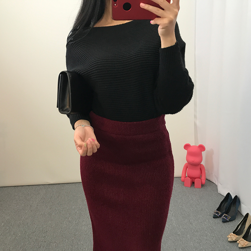 H-line knit long skirt Gray wine Black skirt bandi