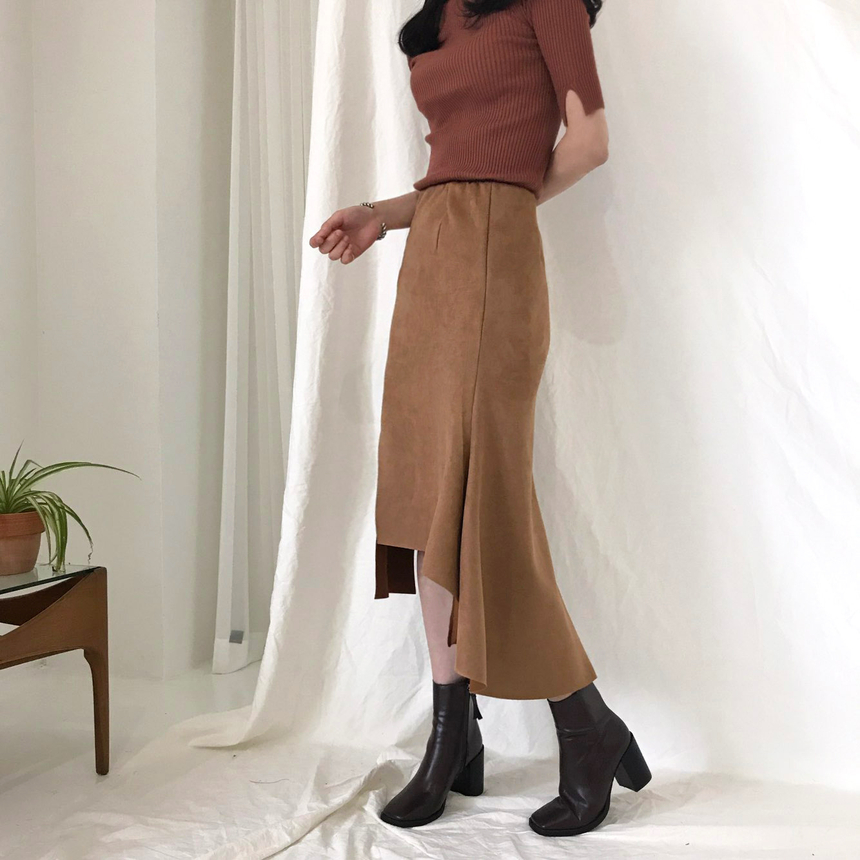 Banding A-line suede skirt 2color Autumn long inci