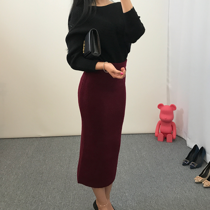 H-line knit long skirt Gray wine Black skirt bandi
