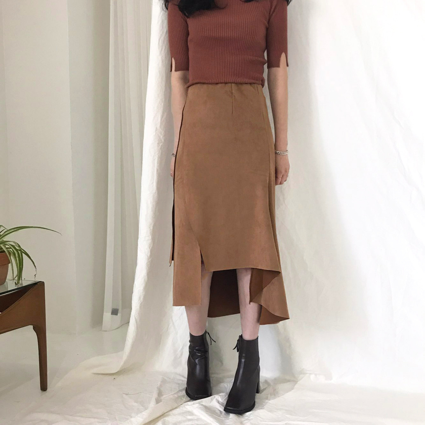 Banding A-line suede skirt 2color Autumn long inci
