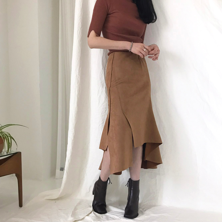 Banding A-line suede skirt 2color Autumn long inci
