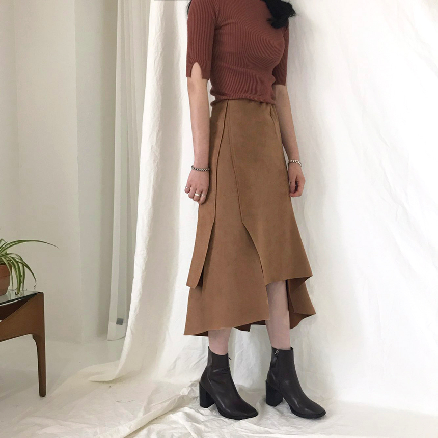 Banding A-line suede skirt 2color Autumn long inci