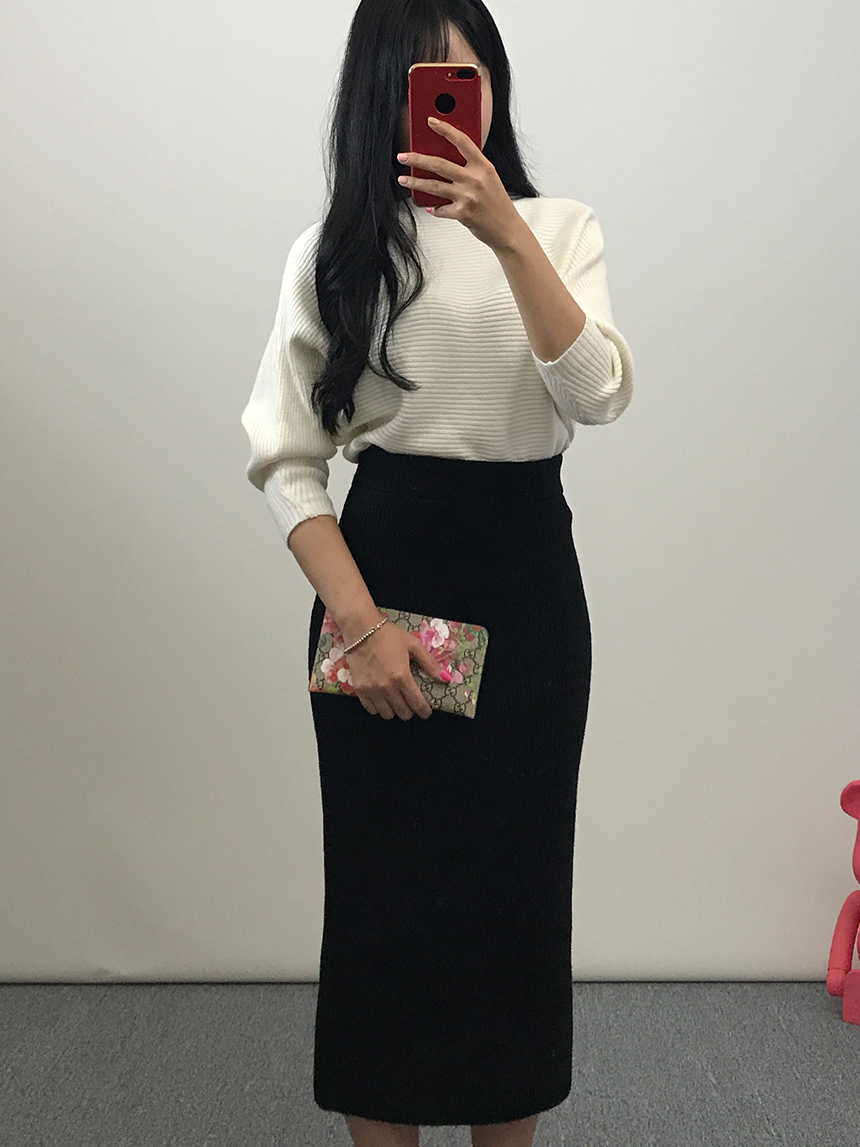 H-line knit long skirt Gray wine Black skirt bandi