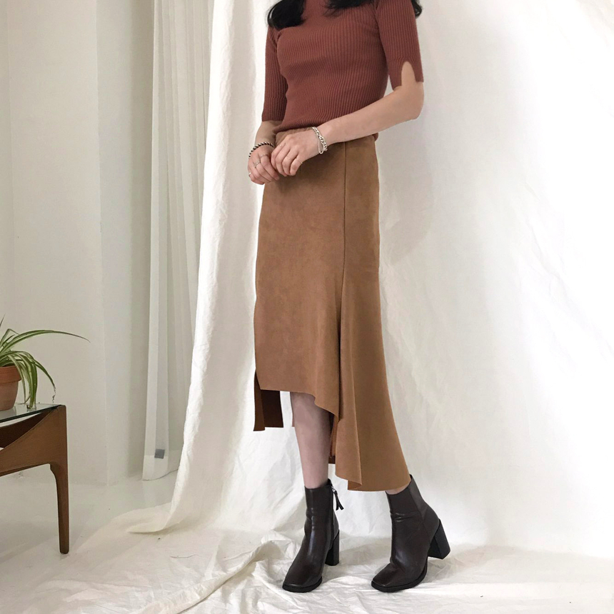 Banding A-line suede skirt 2color Autumn long inci