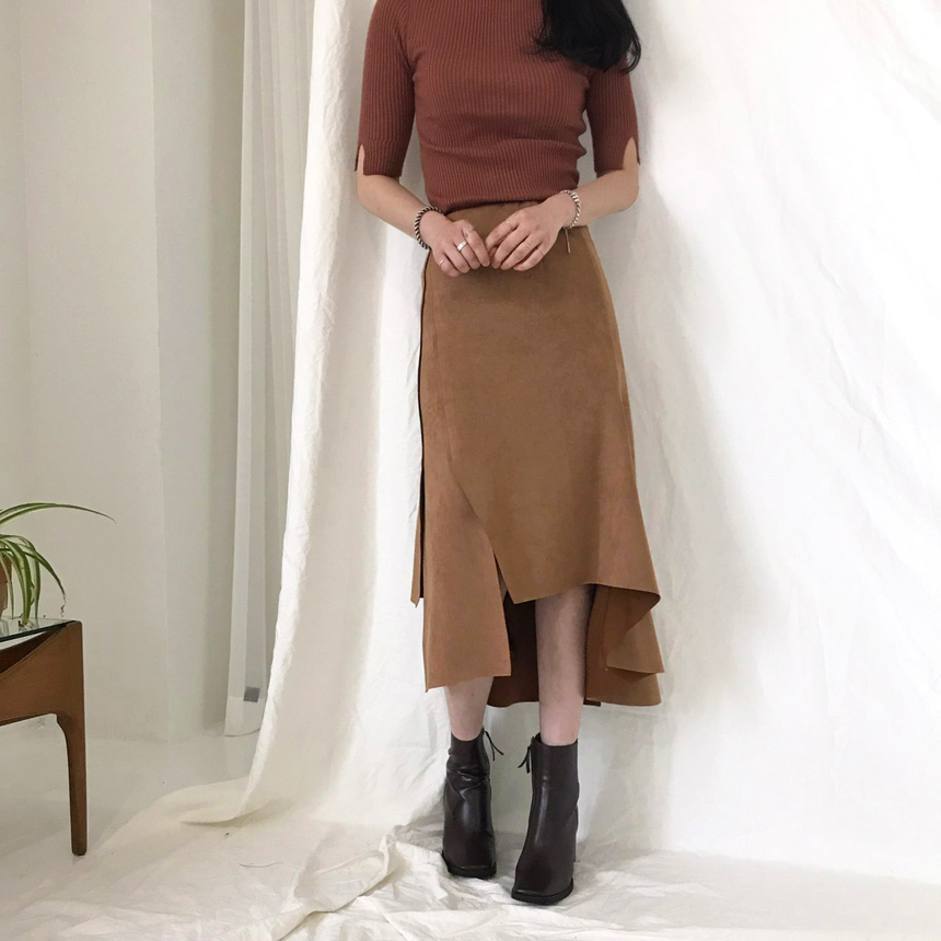Banding A-line suede skirt 2color Autumn long inci