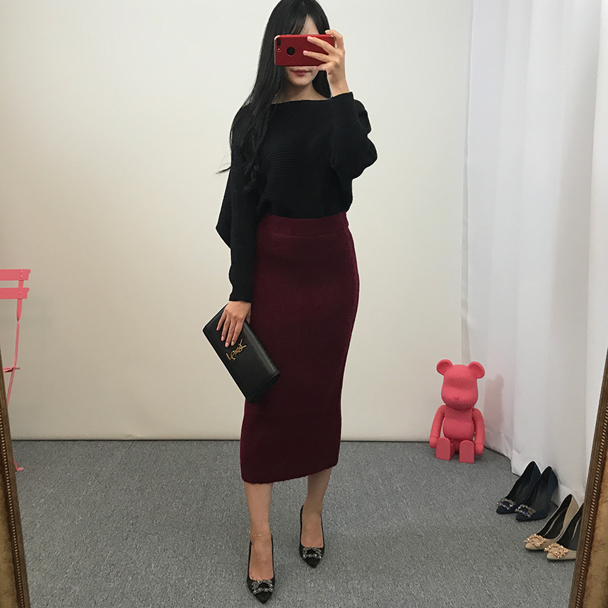 H-line knit long skirt Gray wine Black skirt bandi