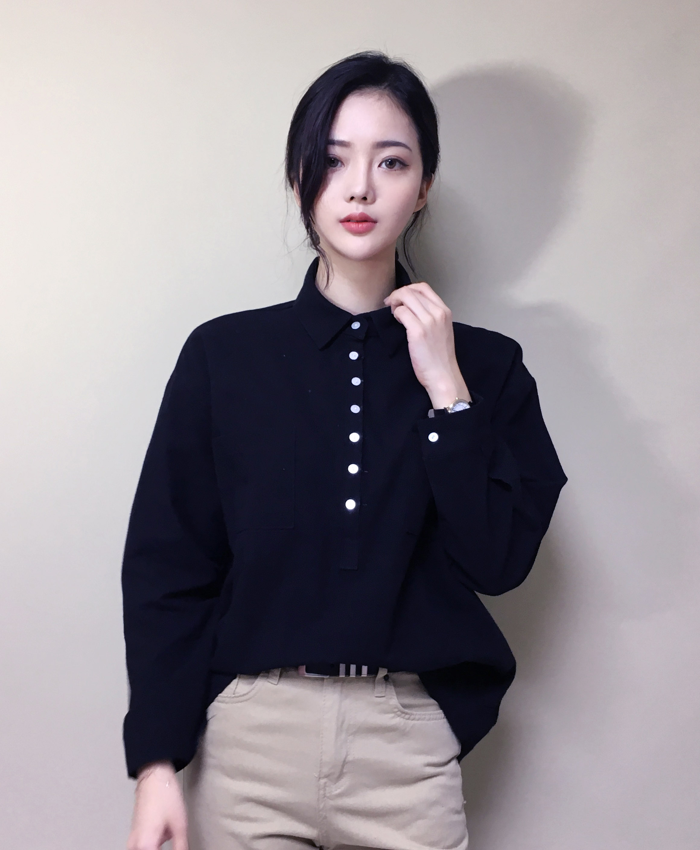 Half-open half-button cotton shirt southern color 