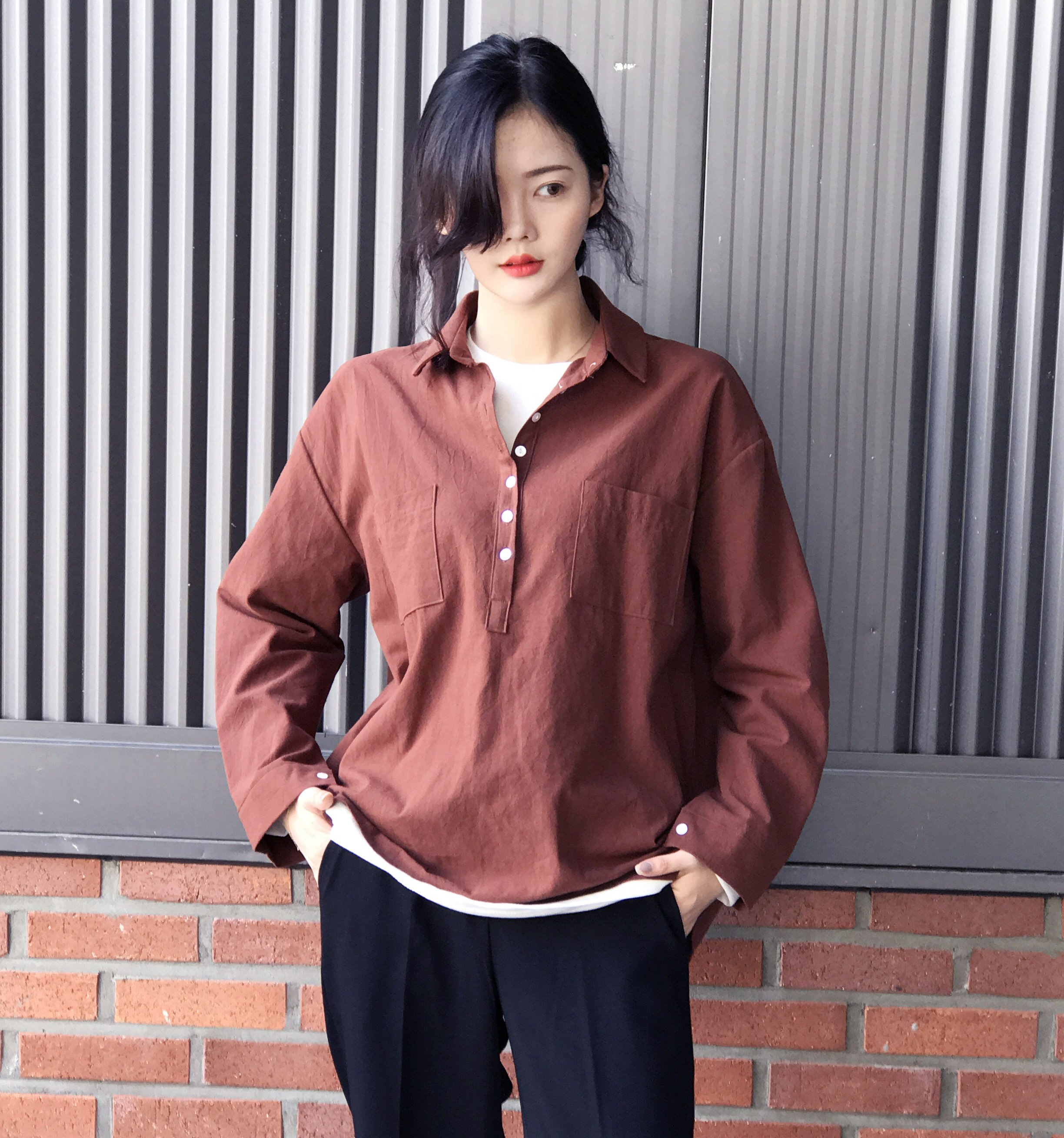 Half-open half-button cotton shirt southern color 