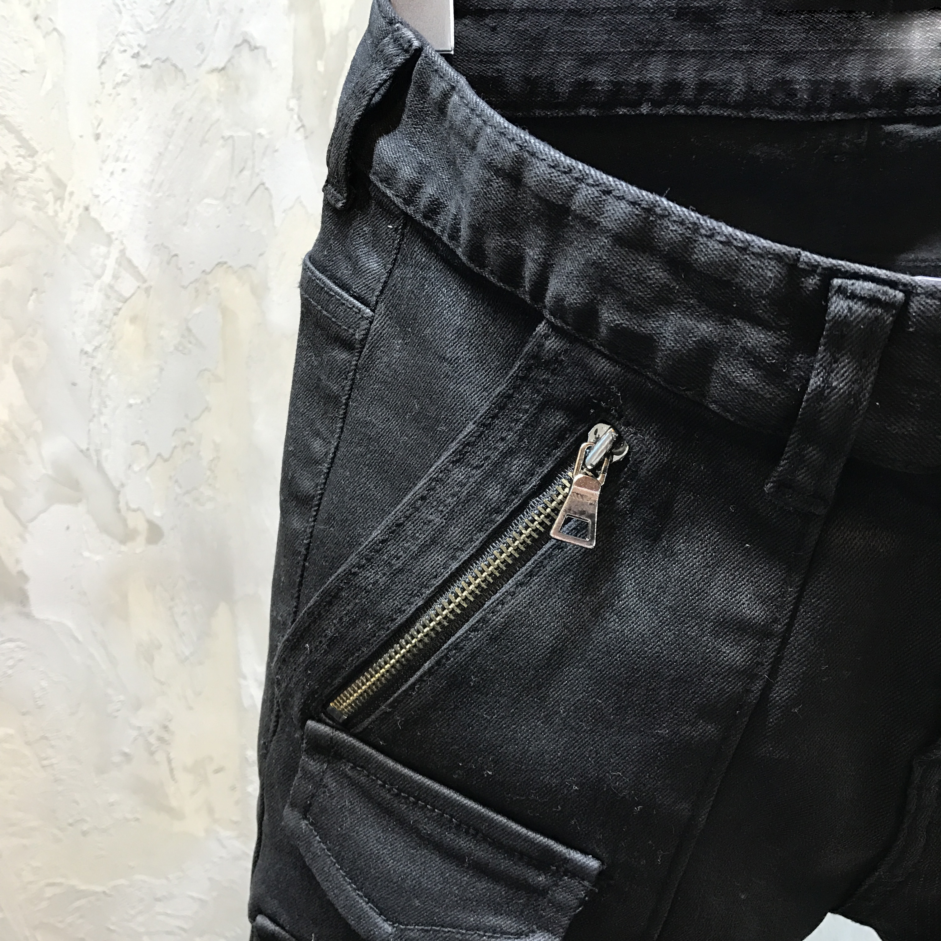Korea Jeans Pants Black Zipper Cargo Slim Coated J