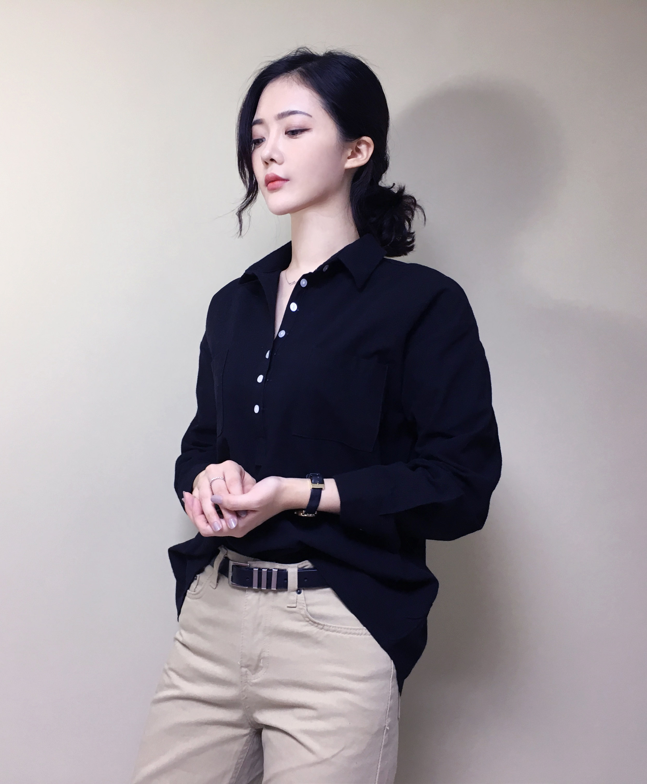 Half-open half-button cotton shirt southern color 