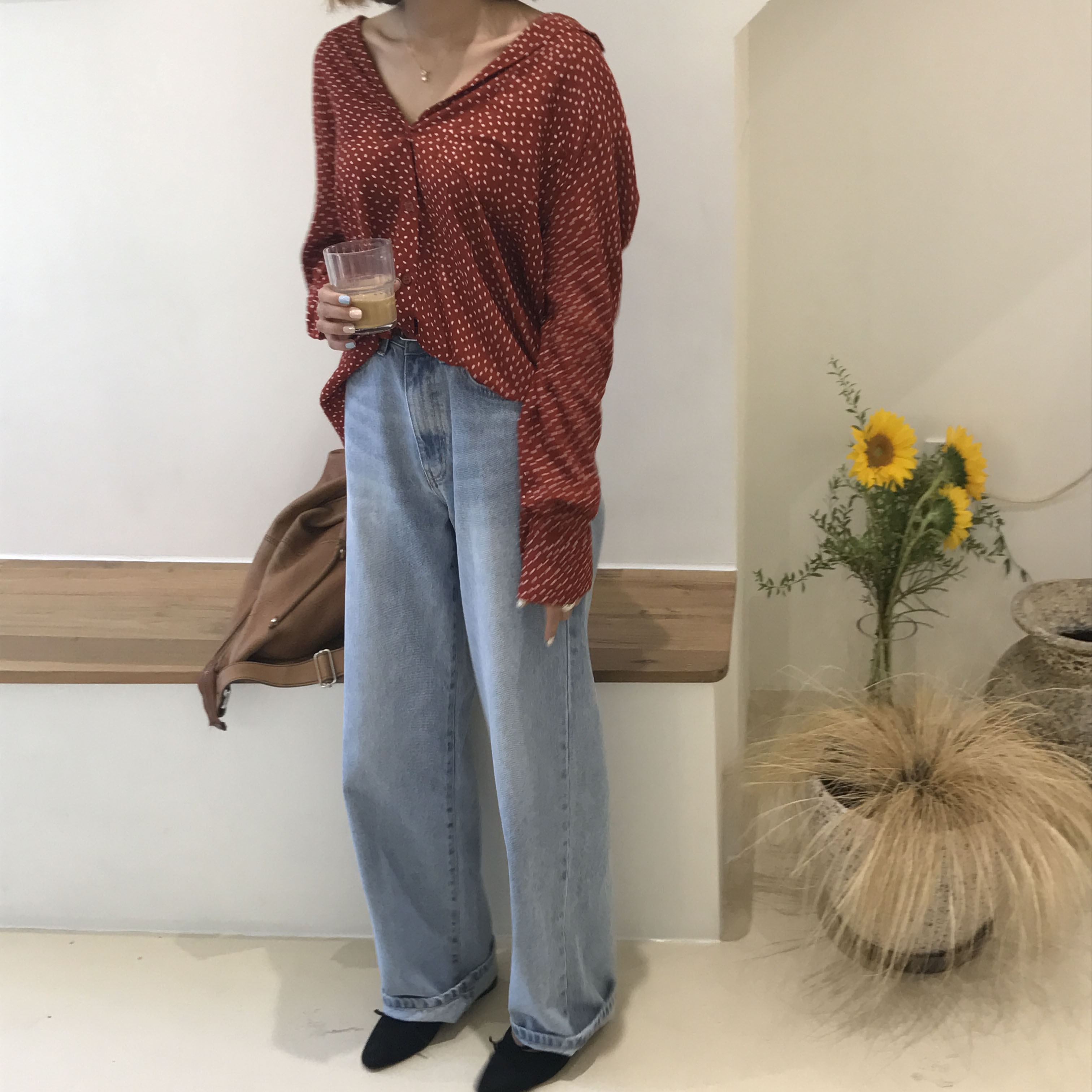 Dot blouse red. Navy polka dots chiffon shirt woma