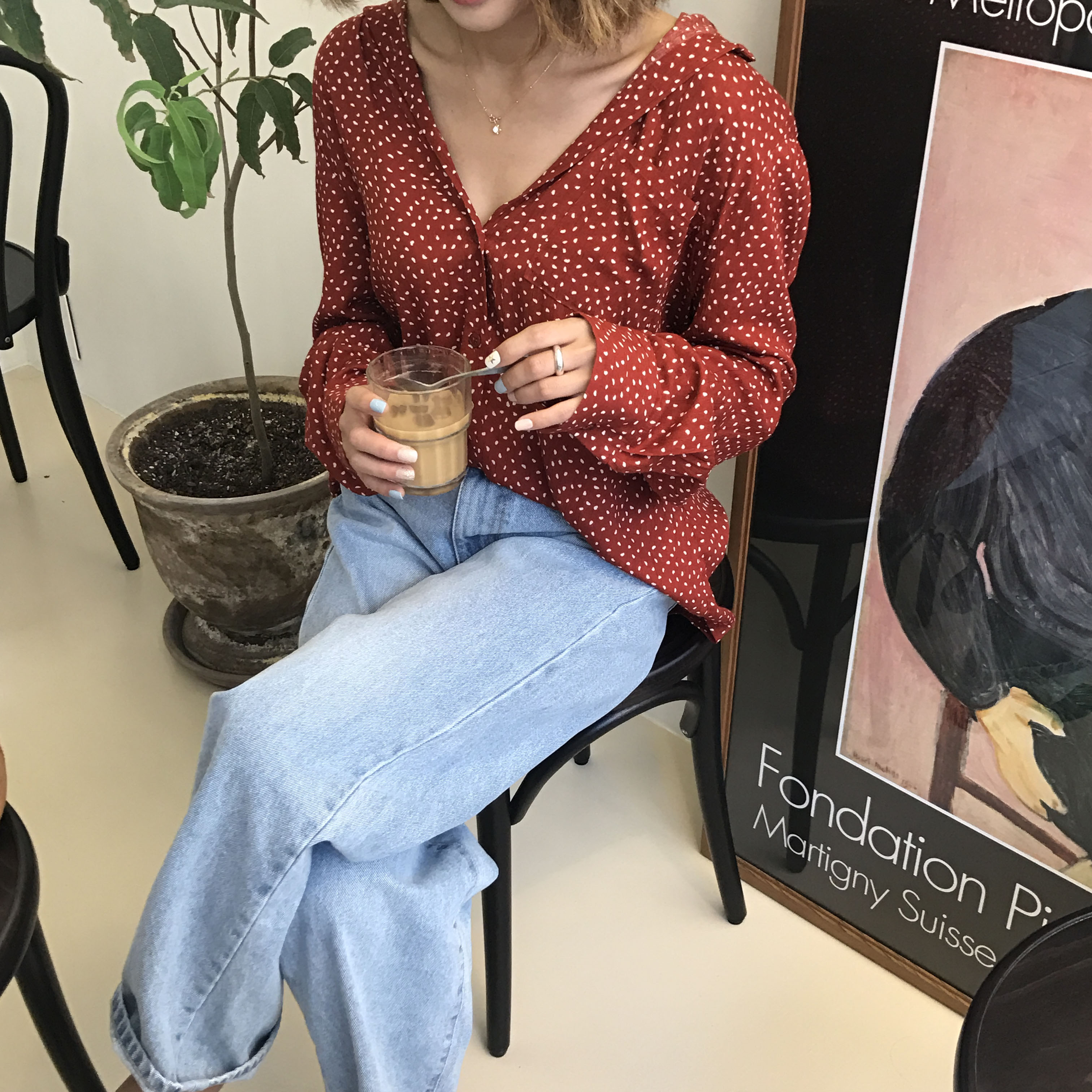 Dot blouse red. Navy polka dots chiffon shirt woma