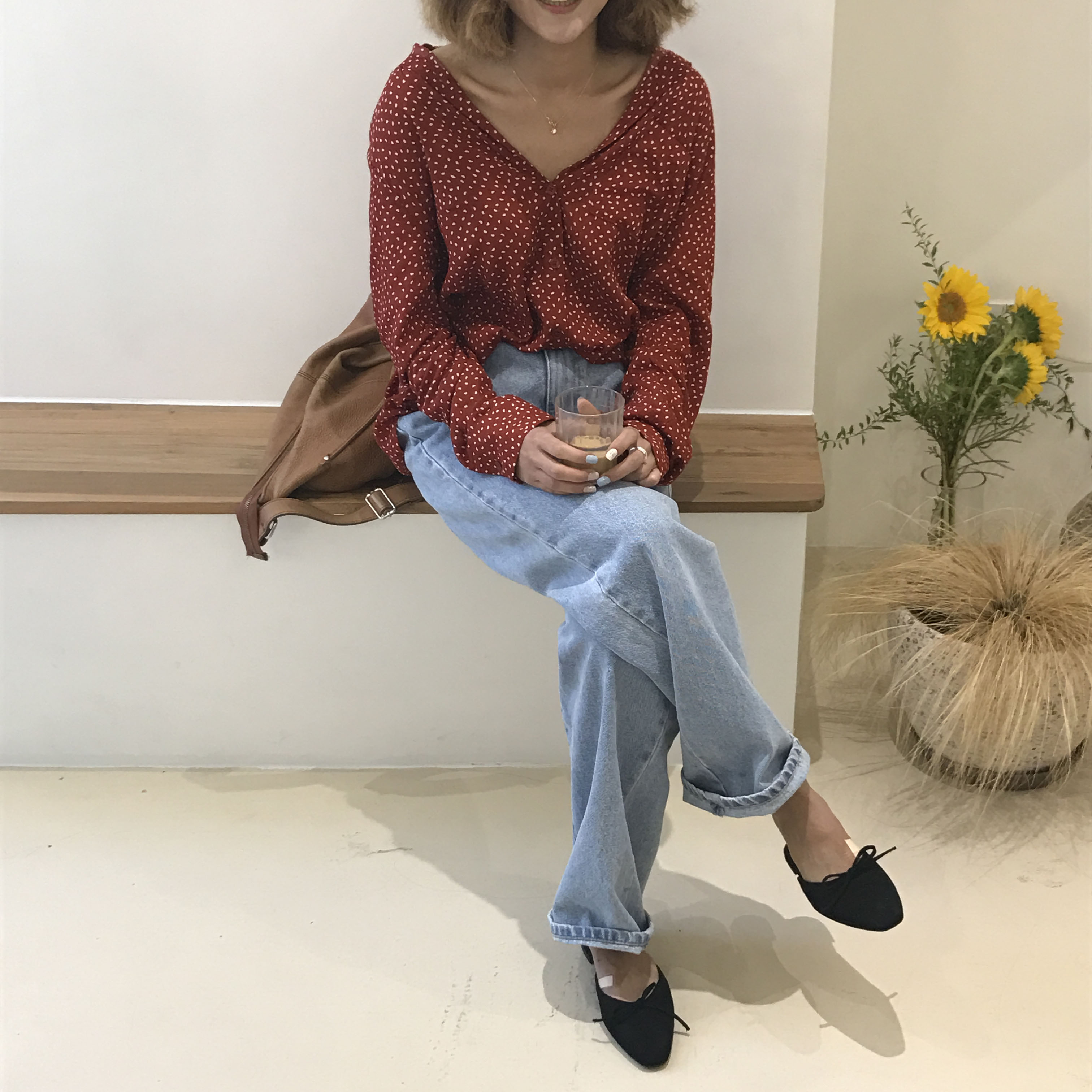 Dot blouse red. Navy polka dots chiffon shirt woma