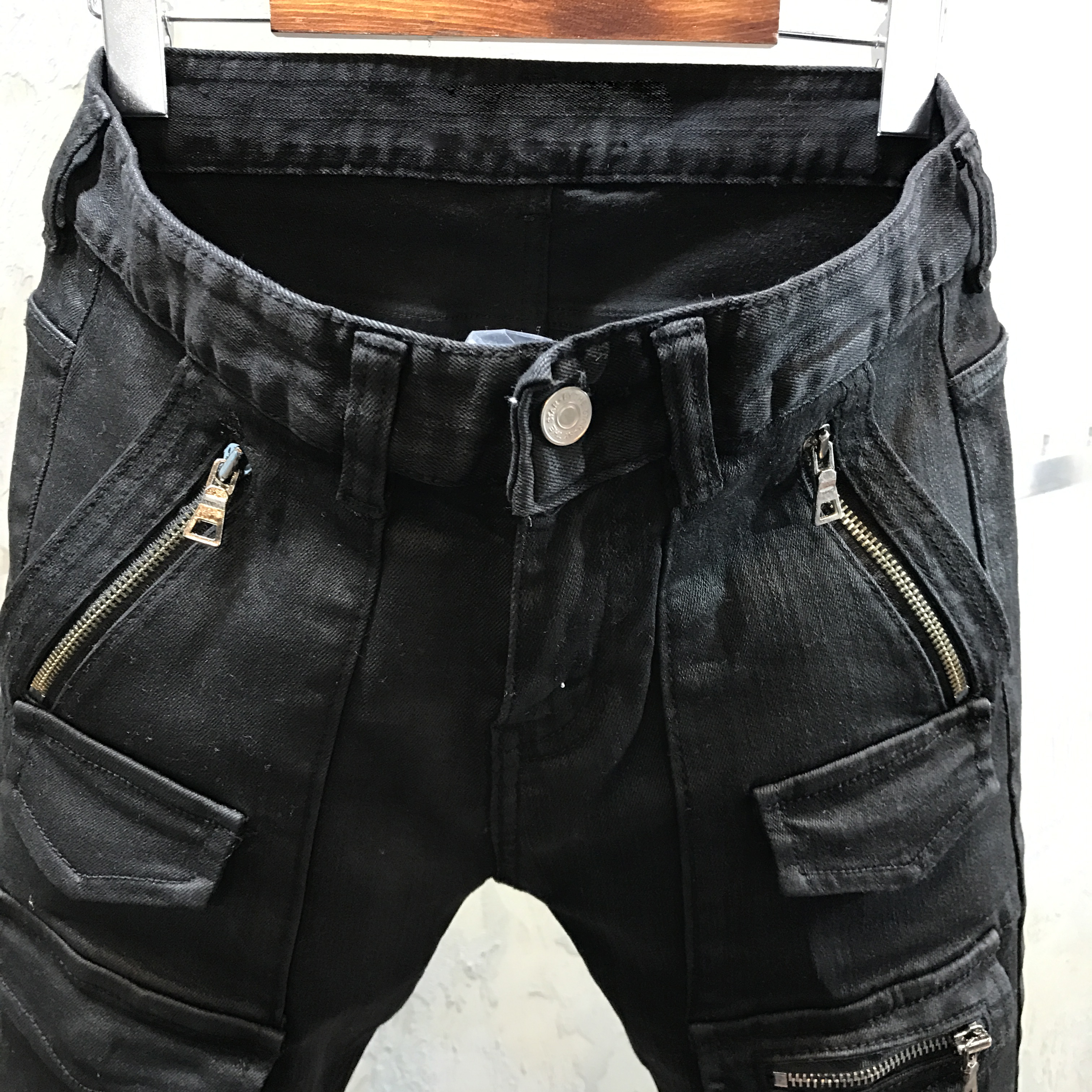 Korea Jeans Pants Black Zipper Cargo Slim Coated J