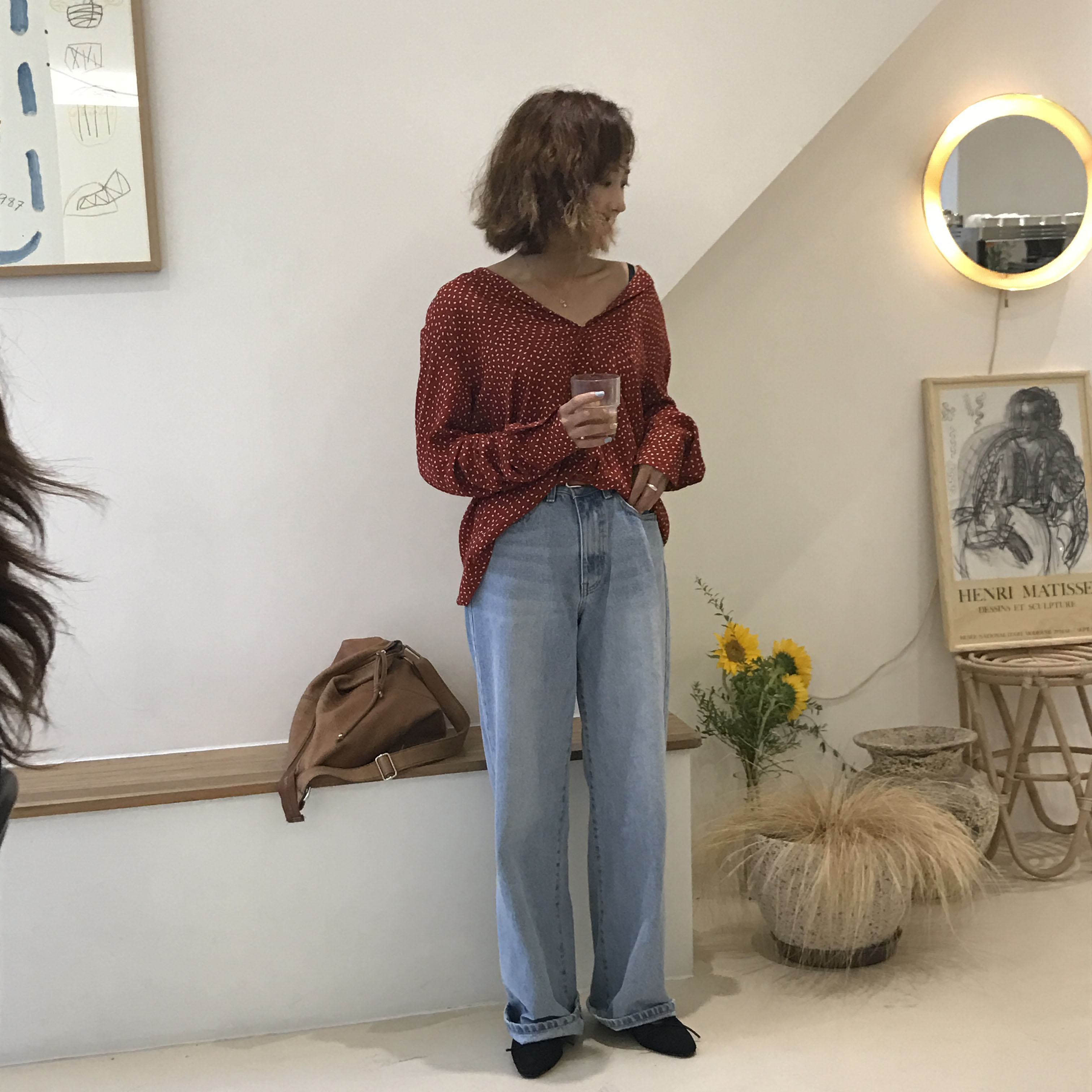 Dot blouse red. Navy polka dots chiffon shirt woma