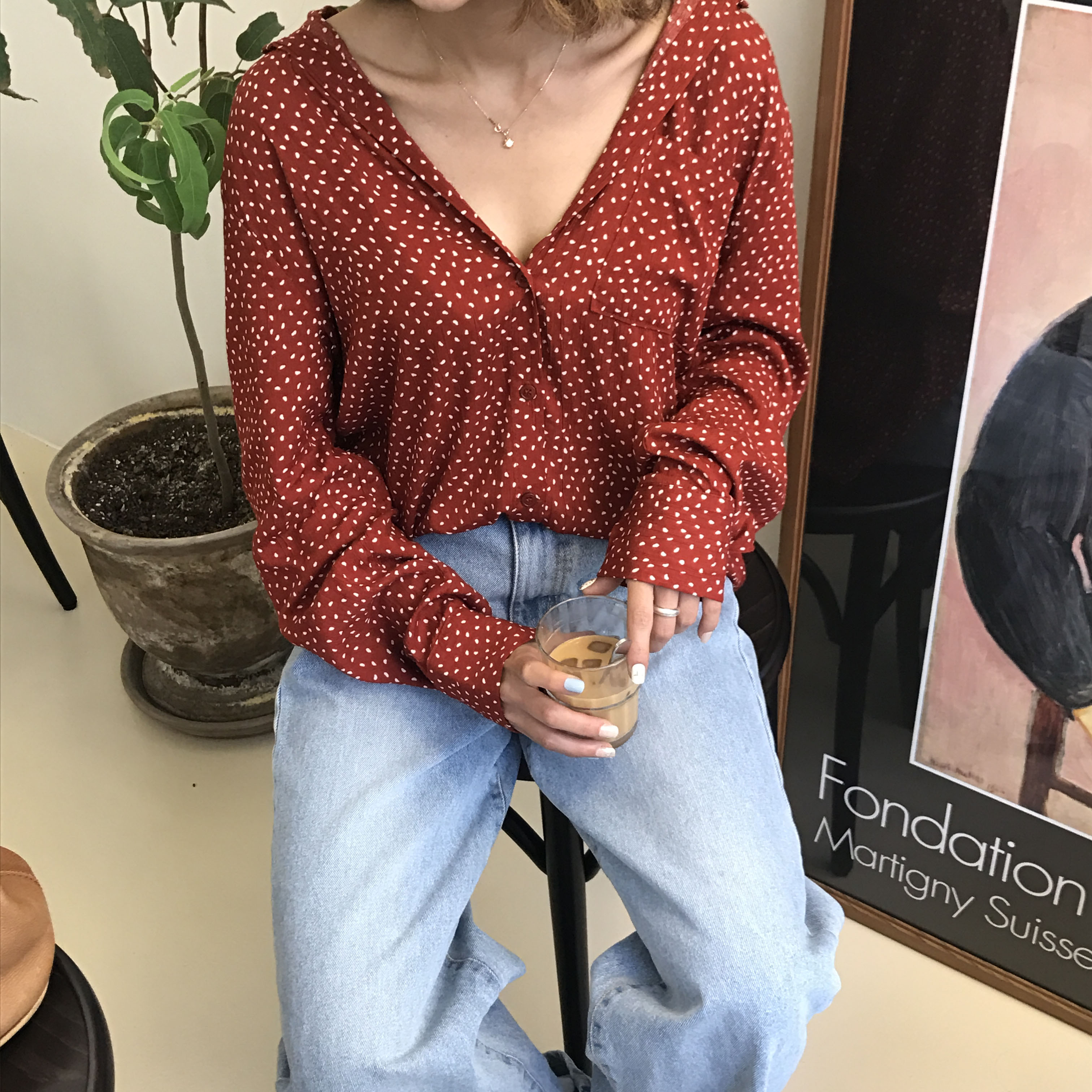 Dot blouse red. Navy polka dots chiffon shirt woma