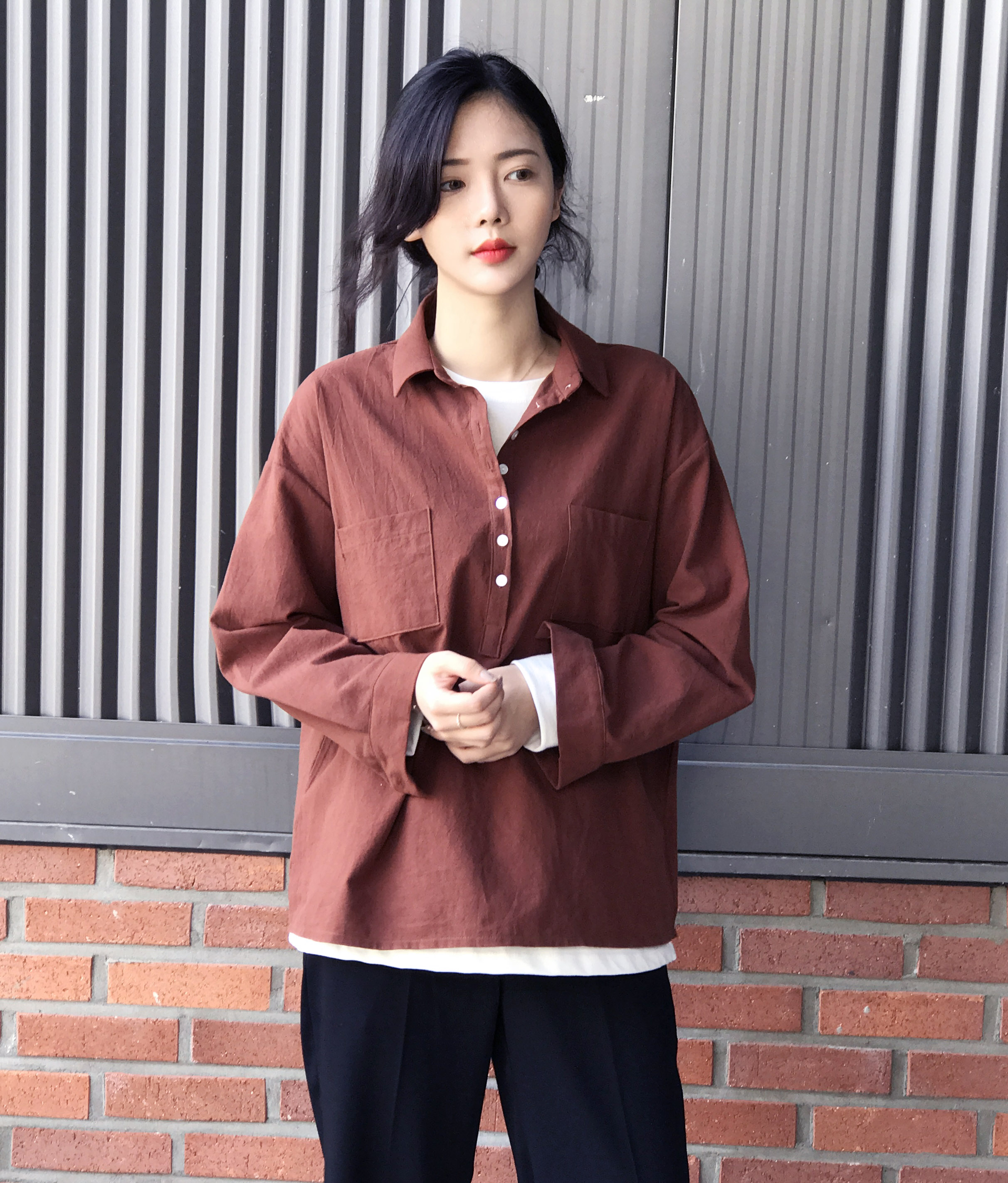 Half-open half-button cotton shirt southern color 