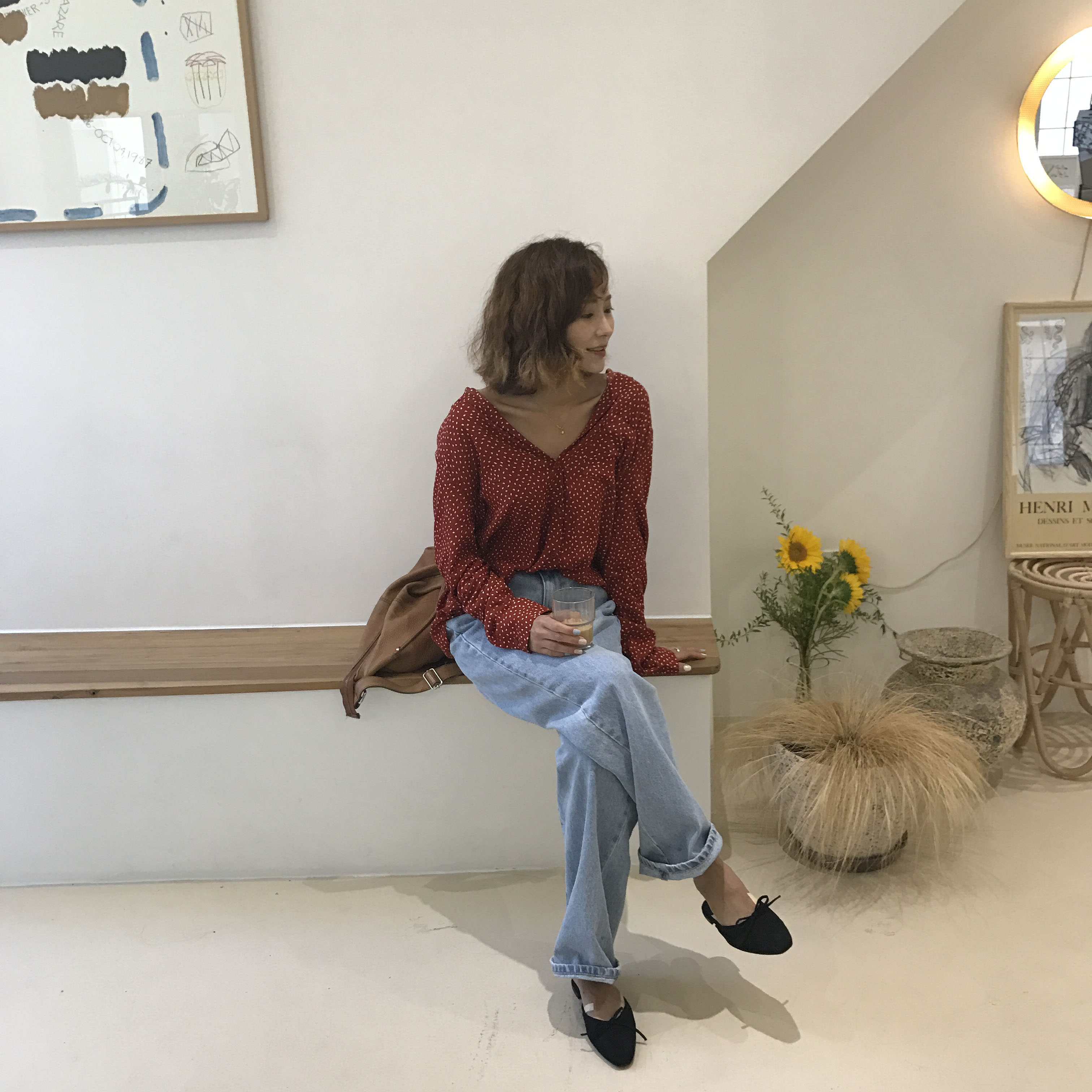 Dot blouse red. Navy polka dots chiffon shirt woma